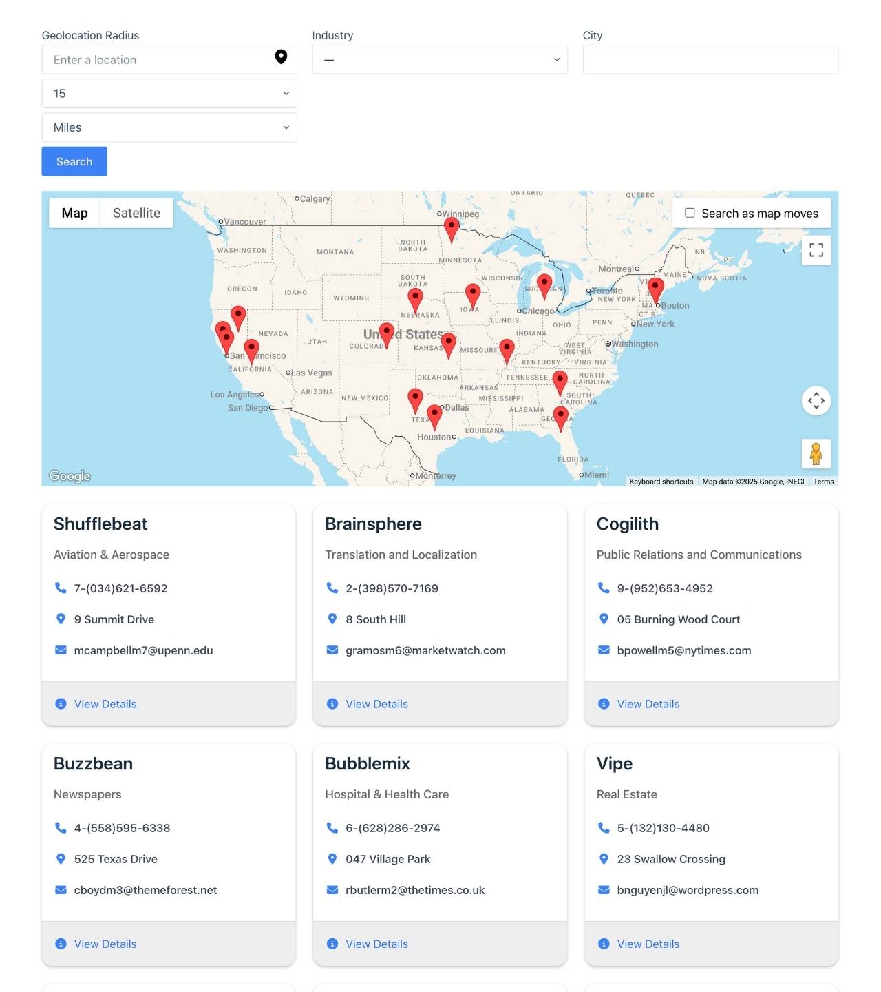 A directory with a map and geolocation radius search capabilities.